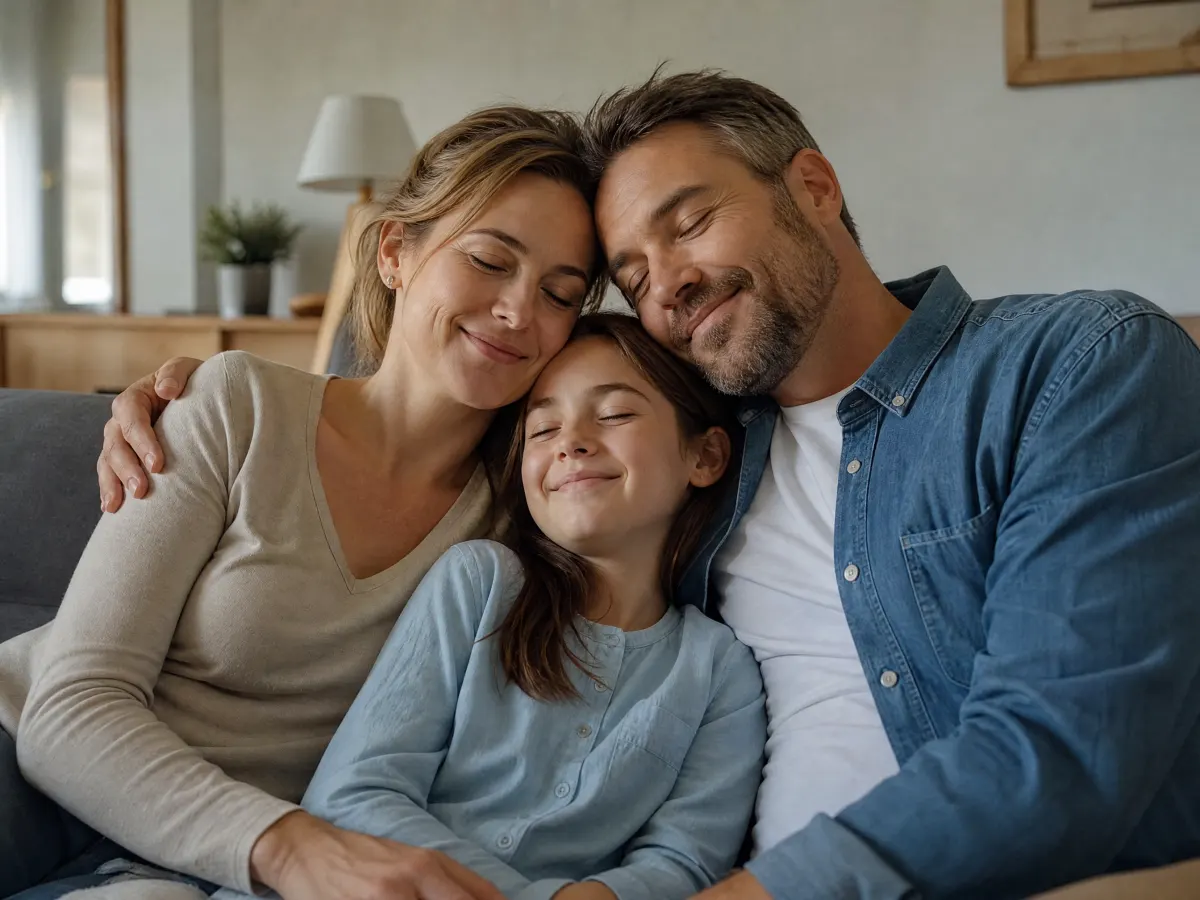 Familia abrazada en casa